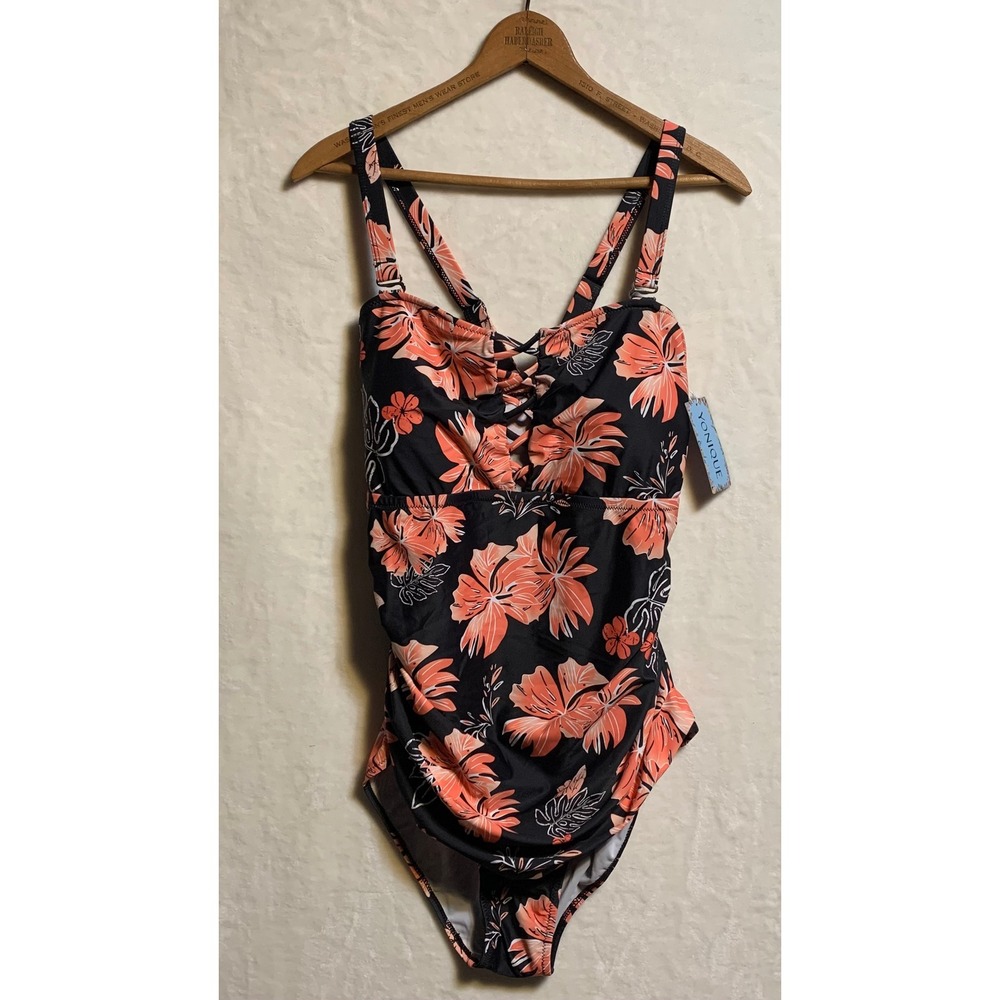 Yonique Womens Tropical Floral Lace Up Ruched One Piece Swimsuit Black Coral 16W